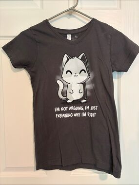 Gray Cat Graphic Tee with Playful Slogan